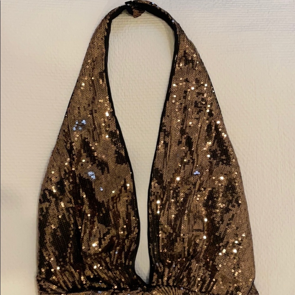 Halston Heritage Metallic Sequined V-Neck Halter